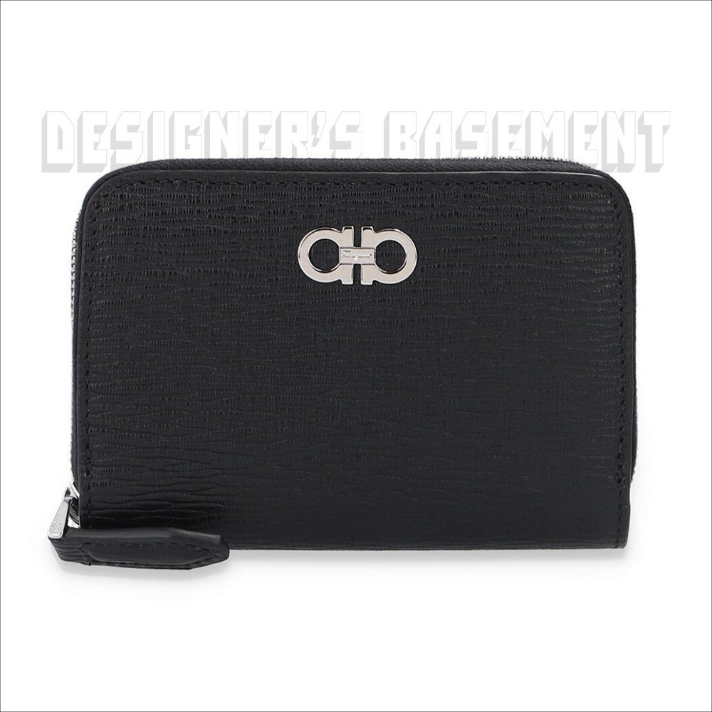 SALVATORE FERRAGAMO black Leather ID window Metal GANCINI Logo zip around wallet